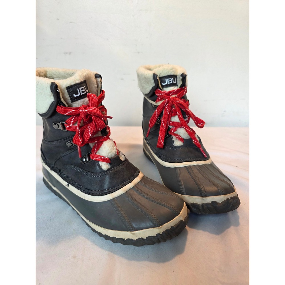 JBU by Jambu Lizzy Waterproof Duck Boots Black Grey Red Laces Faux Fur Trim 7.5M